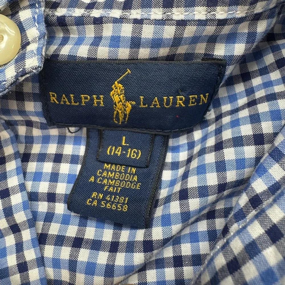 Ralph Lauren Button Up Shirt Boys L 14-16‎ Blue Gingham Pony Logo Preppy